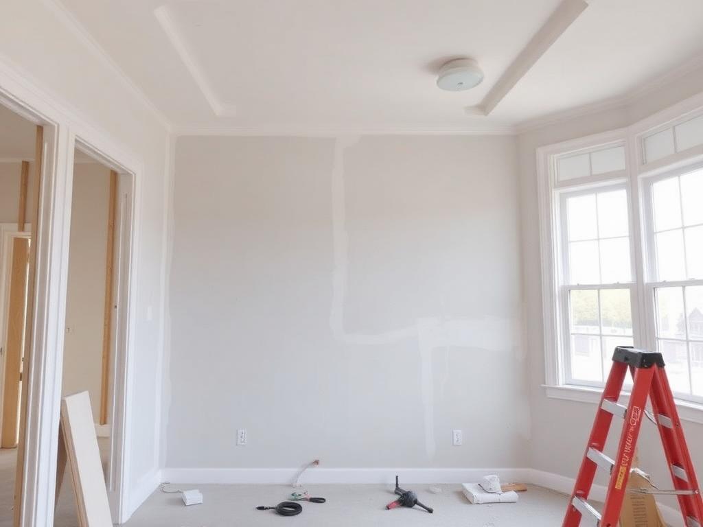 Interior renovation work in progress with fresh drywall