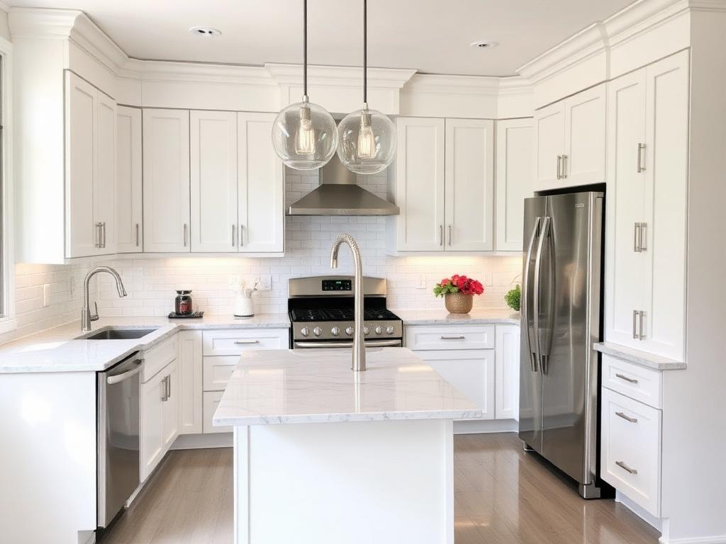 Remodeled kitchen with white cabinetry and island