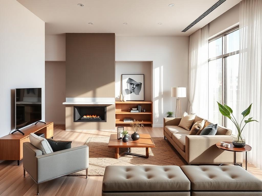 Fully renovated modern living room with fireplace